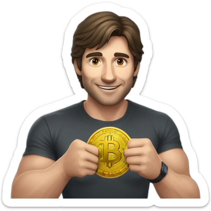 Puedes generar un emoji de javier milei con una moneda de bitcoin en su mano y una bandera de argentina en la otra mano sticker