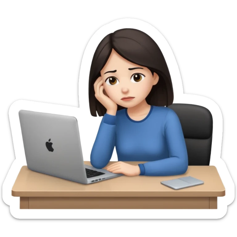  iOS emoji style - An sad and overwhelmed woman sitting at a desk with a laptop - She has dark hair. sticker