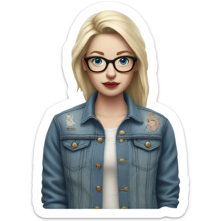 Hyper Realistic pale beautiful tattooed woman with glasses and blue eyes wearing denim jacket sticker