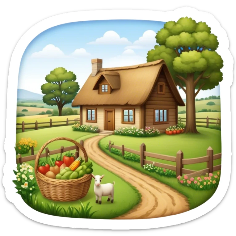 Icon for Rural Tourism: a peaceful countryside scene with a wooden cottage, a dirt path, grazing animals, and a basket of fresh produce. The icon should represent the tranquility and charm of rural life. Transparent background. sticker