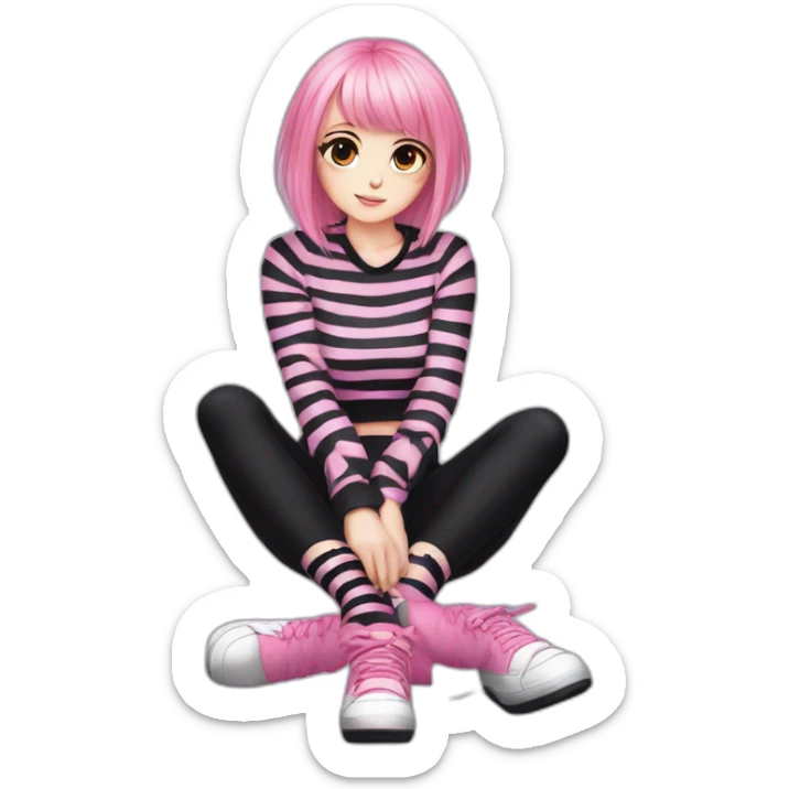 full body Front view emo girl sits on the floor black skirt pink knickers long striped socks sticker