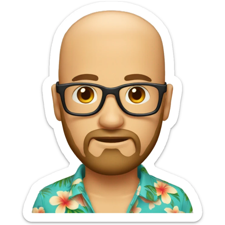 a man with a beard but no hair, wearing round glasses and a Hawaiian shirt sticker