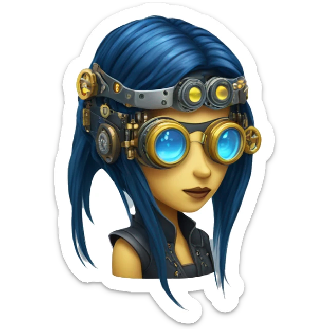 Dark blue long hair female cyborg head with yellow steampunk goggles and circuits sticker