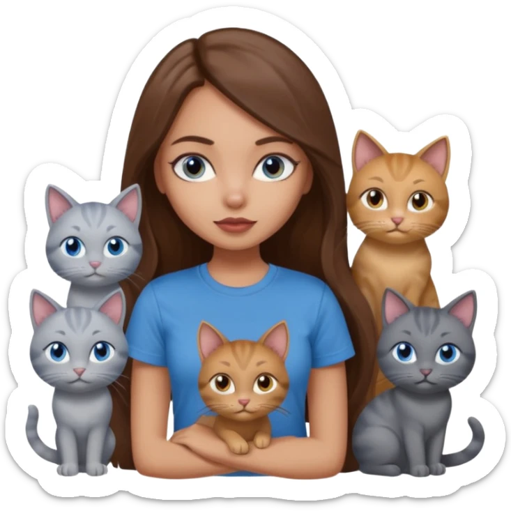 a pretty bratz dusky light skin girl with long brown hair, blue eyes with six cats nd wearing a grey tshirt sticker