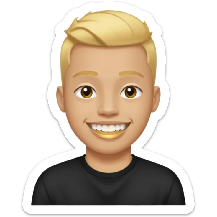 lightskinned person with a taper fade haircut and golden teeth wearing a black tshirt with a white background sticker