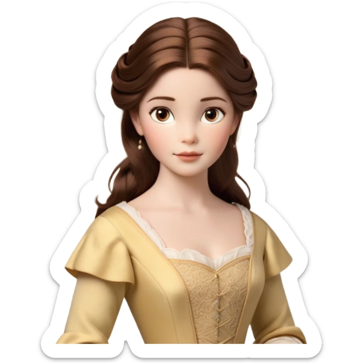 Cinematic Realistic Belle Portrait, depicted with lifelike skin texture, soft natural lighting, and intricately detailed brown hair styled elegantly. Her deep, expressive eyes exude warmth and intelligence, complemented by a serene and graceful expression. She is dressed in her classic attire, with rich fabric textures and delicate folds that catch the light beautifully. The portrait features a soft, enchanting glow with a natural, radiant finish, capturing the essence of timeless beauty in a realistic and painterly style, evoking a sense of depth and authenticity. sticker