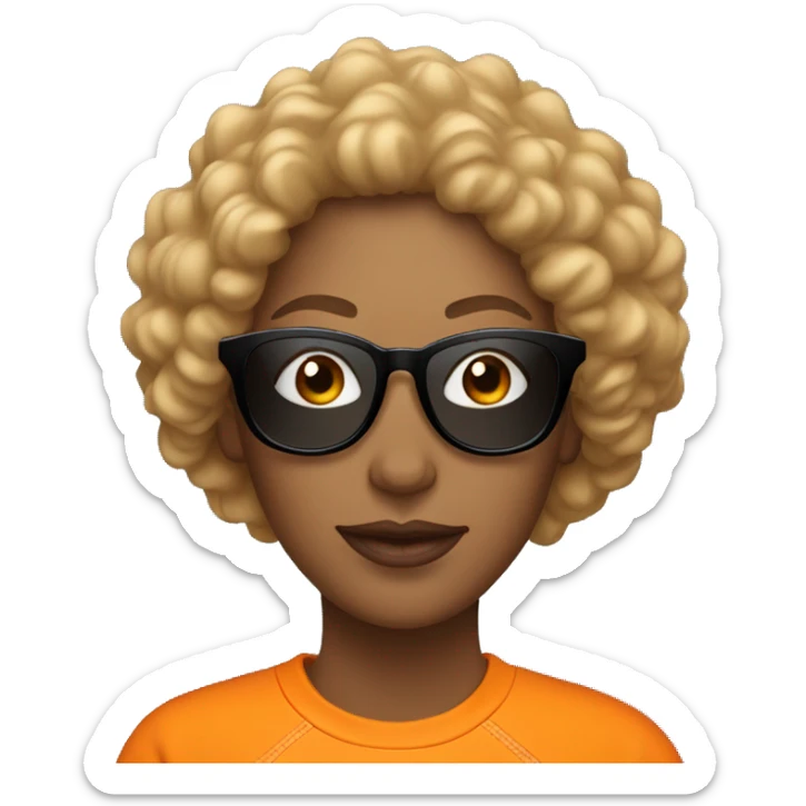 Woman with curly hair wearing orange sweatshirt and sunglasses with one missing lense sticker