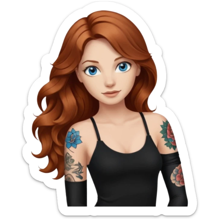 Long wavy Auburn hair woman BLUE eyes wearing black cami and one tattoo sleeve sticker