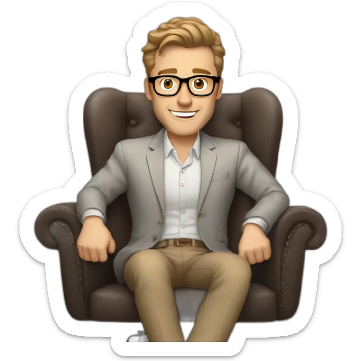 Joyful thrumbs up Pale skinned Fit Man With dark brown hair in gray jacket, beige office shirt, Brown pants and vintage glasses sitting In a soft chair sticker