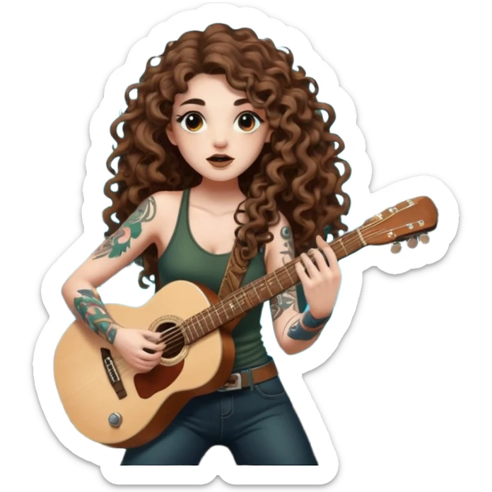woman with long curly brown hair, brown eyes, white skin, tattoos, blowing glowing forest spores like stage smoke after a guitar solo sticker