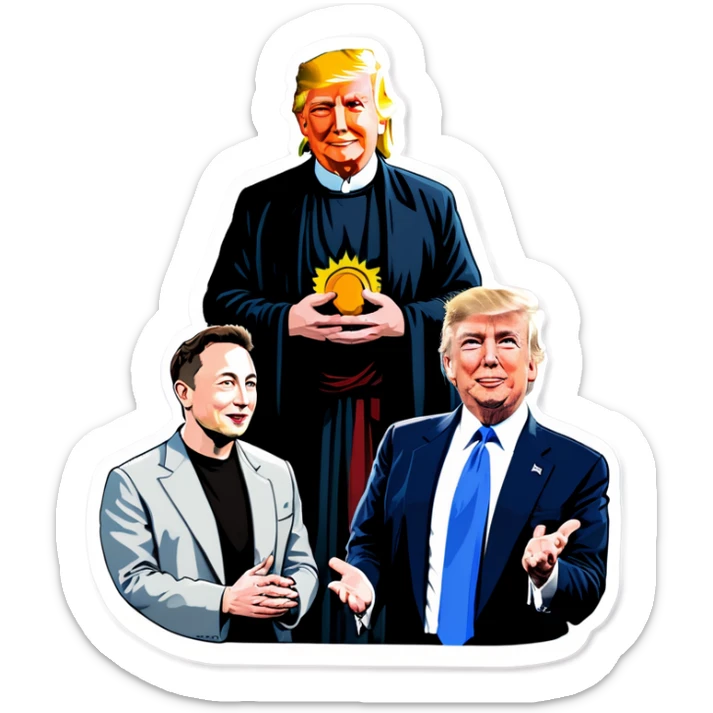 Jesus, Buddha, Elon Musk, Jeff Bezos, and Trump in a meeting sticker