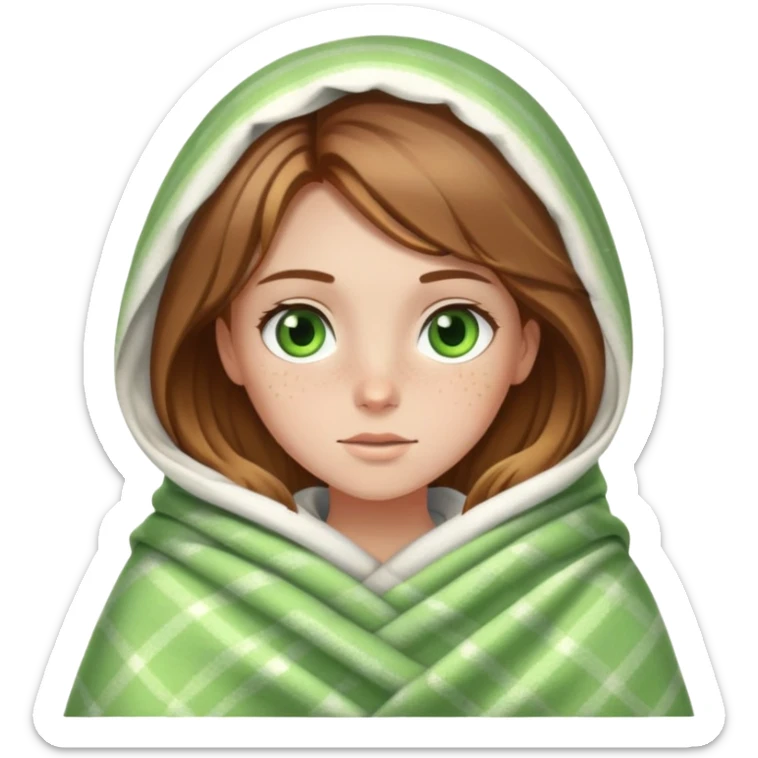 Beautiful white girl with brown hair and blonde highlights with green eyes and freckles wrapped in a blanket sticker