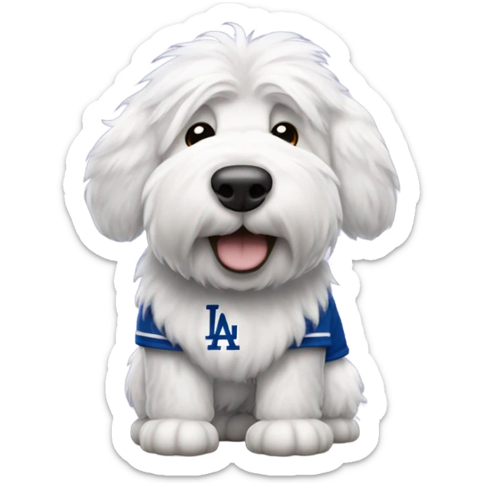Old English Sheepdog full height wearing a Los Angeles dodgers baseball jersey sticker