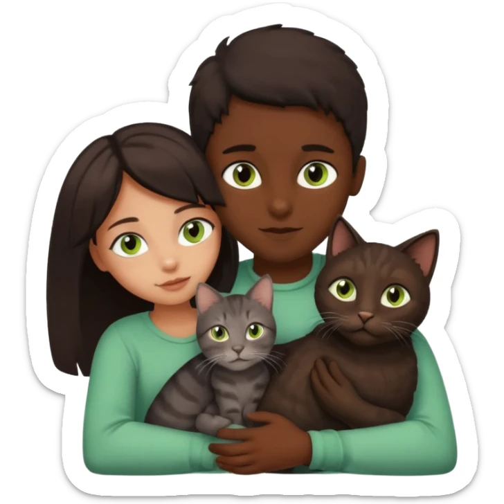 Crea un emoji donde salga un chico moreno con los ojos claros, una chica morena con los ojos marrones y SOLO UN gato europeo comun de pelaje oscuro y ojos verde claro, quiero que se esten abrazando y el gato este en el medio de los dos sticker