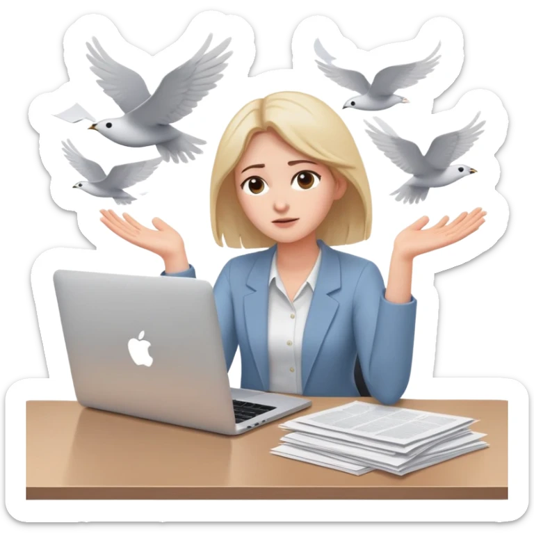 tired woman sitting at a desk with a MacBook, holding her arms out to the side, surrounded by flying papers sticker