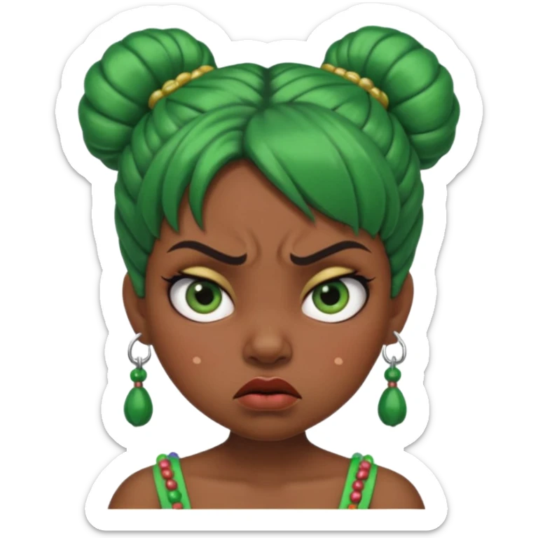 Create a 3D cartoon-style girl character with dark skin, round face, angry expression, big wide eyes, and tightly styled double buns made of green beaded hair. The girl should look irritated, eyebrows sharply angled, and lips pressed in a frown. sticker