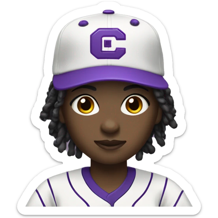 baseball card character. black girl. brow locs. letter C logo. Purple and white uniform.  sticker