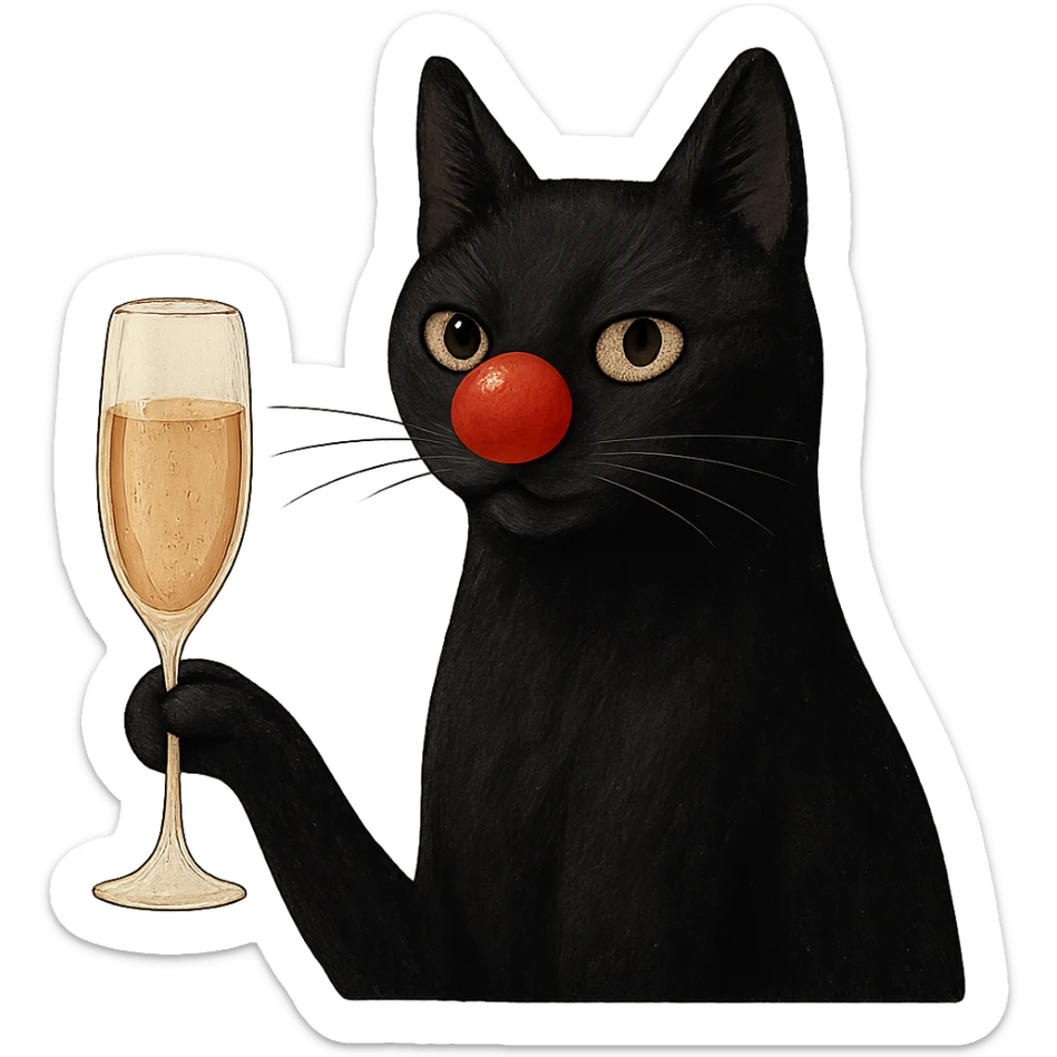 black cat with a red clown nose holding a glass of champagne, elegant and whimsical sticker