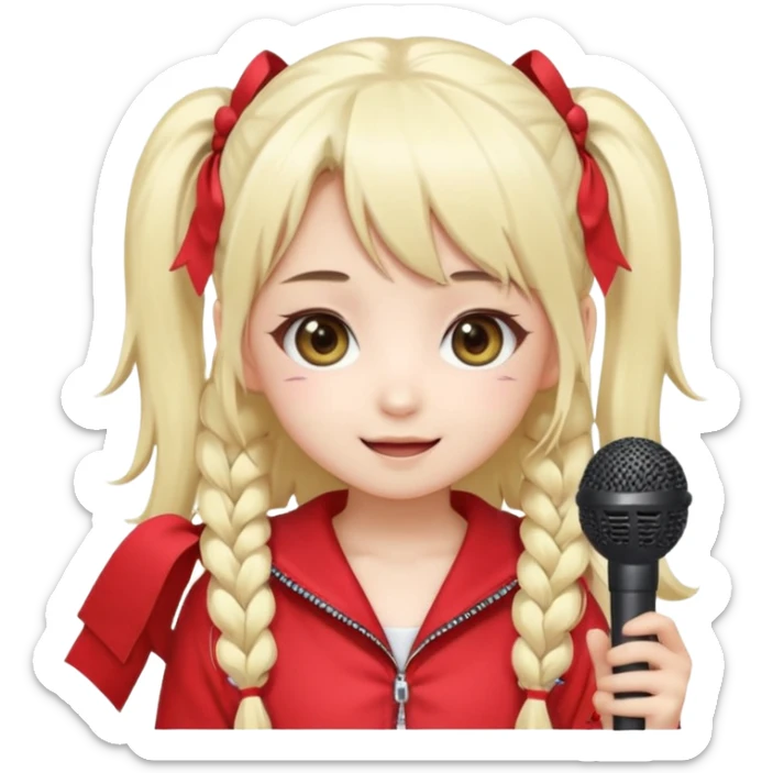 Cute kawaii emoji-style Japanese K-pop singer girl, long platinum blonde hair in twin tails, red outfit, holding a microphone, Japanese K-pop idol vibes, big sparkling eyes, chibi proportions, clean lineart, pastel colors, cheerful idol smile, sticker/emoji style, transparent background sticker