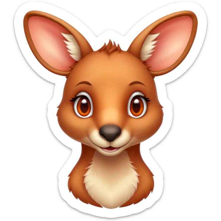 Cinematic Cute Kangaroo Portrait Emoji, Head tilted playfully and inquisitively, featuring a glossy red-orange fur with soft, rounded ears and round, sparkling amber eyes full of curious mischief, Simplified yet irresistibly adorable features, highly detailed, glowing with a warm, friendly glow, high shine, affectionate and bouncy, stylized with a touch of outback whimsy, bright and endearing, soft glowing outline, capturing the essence of a mischievous yet loving kangaroo, so playful it feels like it could hop out of the screen and into your arms! sticker