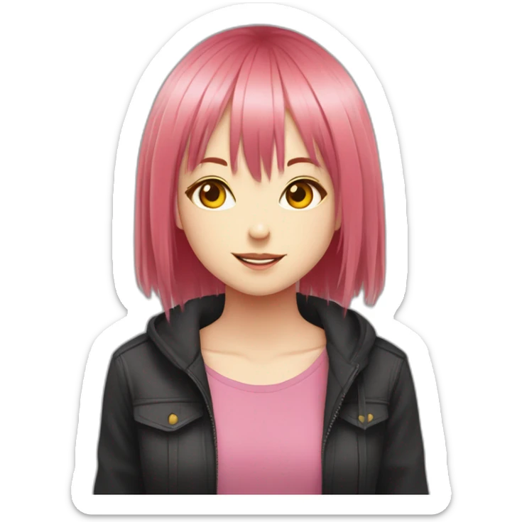 (gril) makima from the manga chainsawman with pink/red hair fringe, yellow eyes with a circle inside and a black shirt sticker
