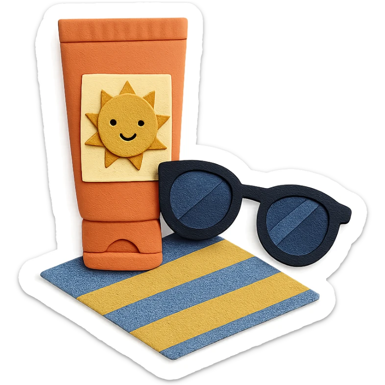 tube of sunscreen with a smiling sun, next to sunglasses and a towel, paper-craft style sticker