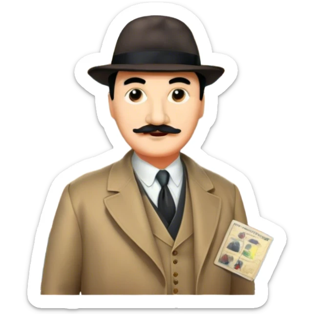 Icon for Detective Movies: A colorful collage with Hercule Poirot and mysterious city backdrop. Include a board with photos of suspects, clues like fingerprints and a crime scene. Retro movie poster style. Transparent background. sticker