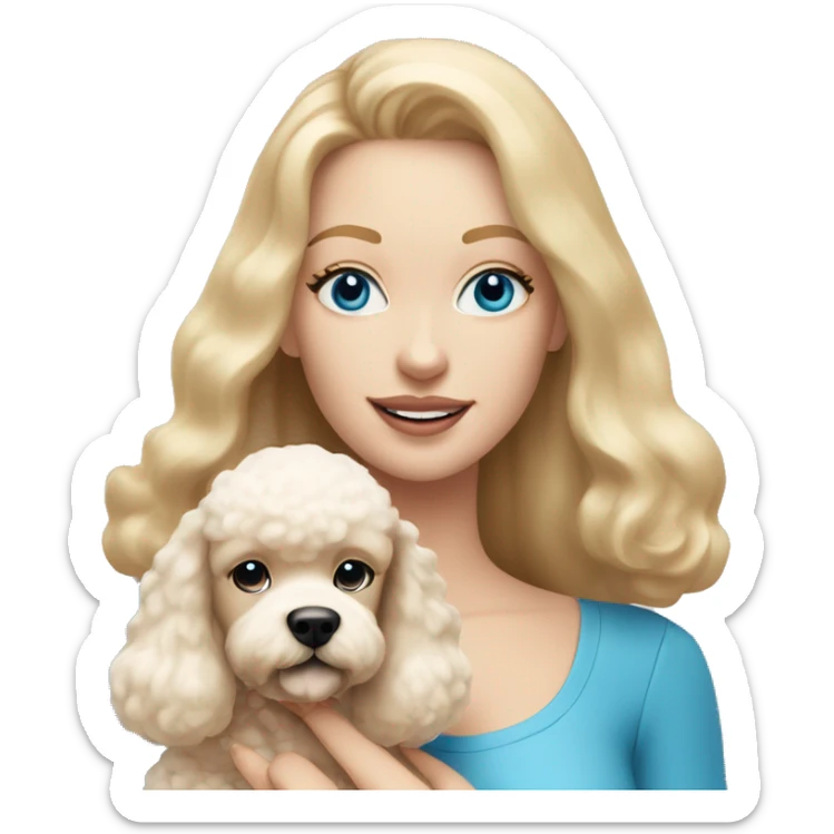 woman with  blonde straight hair and blue eyes is holding a cream poodle puppy sticker