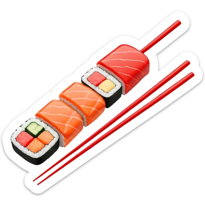 Japanese cuisine humanless avatar in minimalist emoji-style illustration. Sushi, roll and 2 chopsticks, clean lines, red white colors, flat design, calm and modern. sticker
