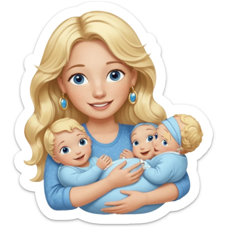 Wavy blonde, white woman with blue eyes, freckles hoop earrings, holding babies smiling and really cute in gold hoops she needs to be holding three newborns, and she needs to be more cute than pretty sticker