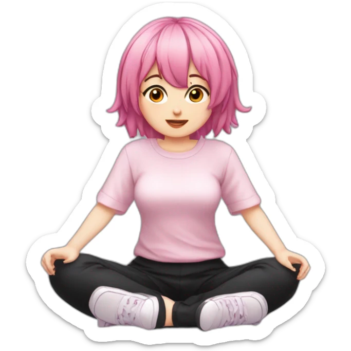Full body Front view curvy emo girl pink hair sits on the floor straight view hands up black skirt белые трусики полосатые рваные чулки sticker