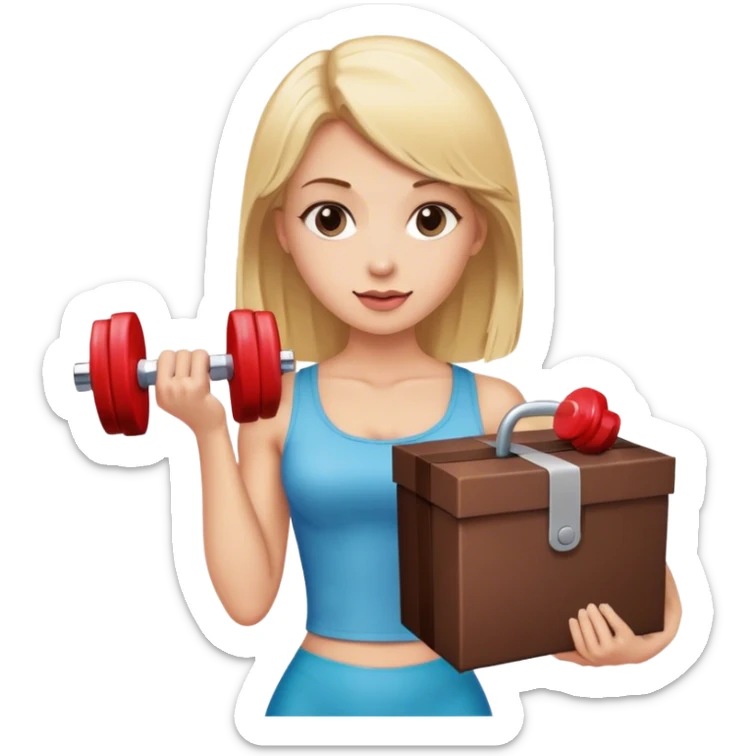 blonde woman holding a box of chocolates and a dumbbell sticker