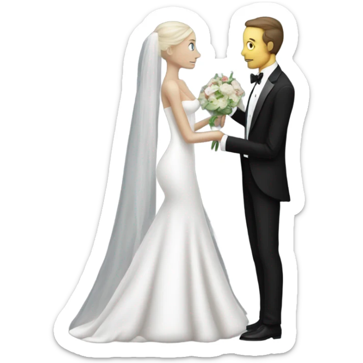 White humman man in a tuxedo holding, Alien reprilian woman in wedding dress, and one , hands getting married sticker
