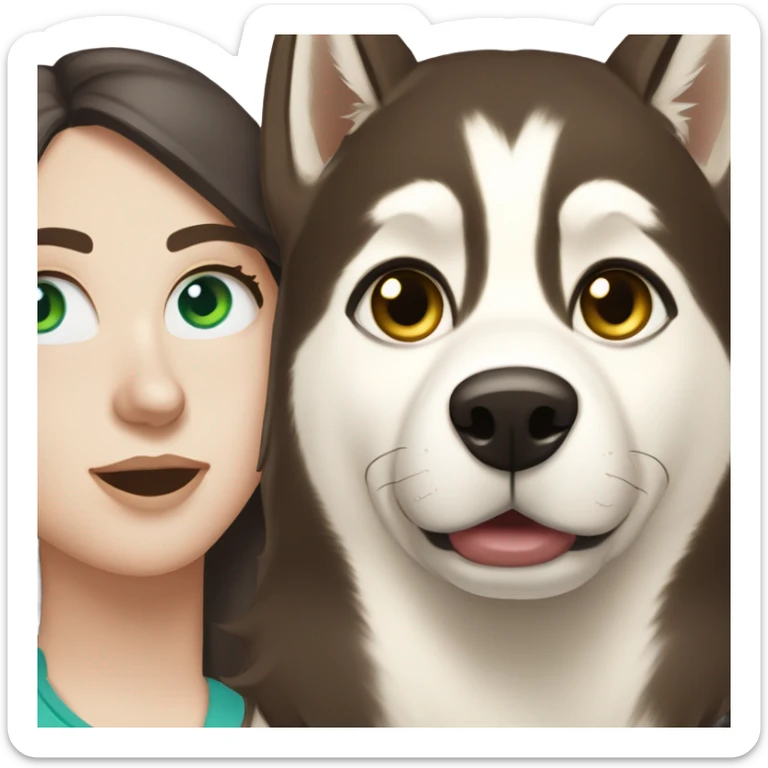 White Woman hair brown and bleus eyes and golden Husky With green eyes sticker