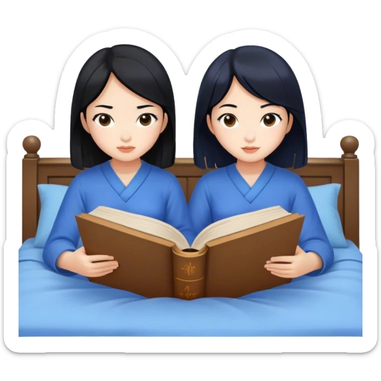 two asian girls black hair on the bed reading blue books sticker