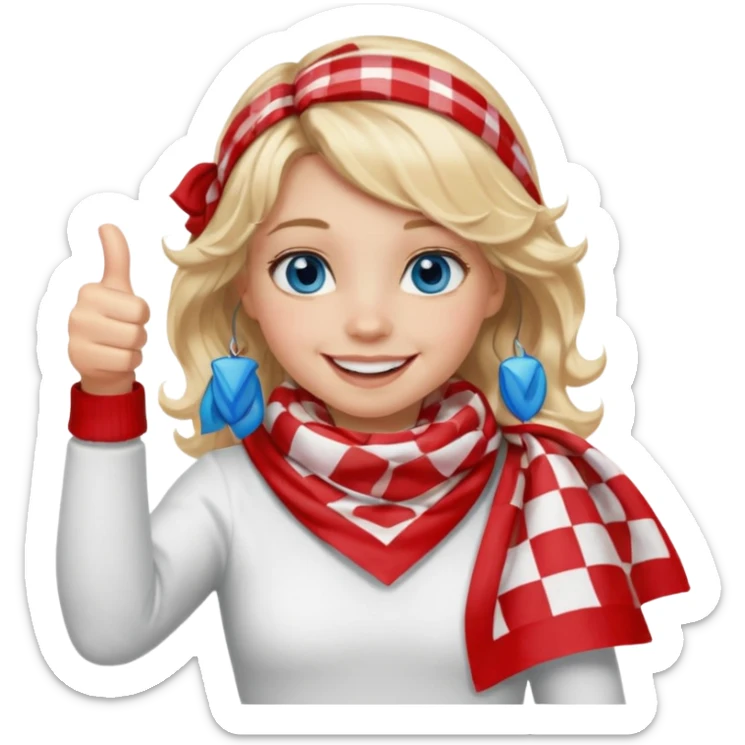 Blonde Girl, Blue Eyes, wavy hair, smiling, thumbs up, wearing red Checkered Triangle scarf, white dress sticker