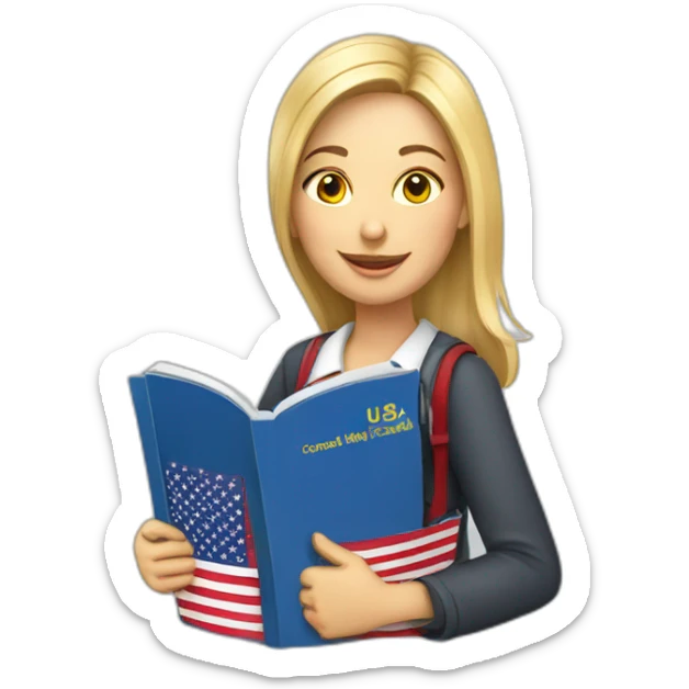 English teacher female with English book with Ukrainian flag  and usa flags sticker