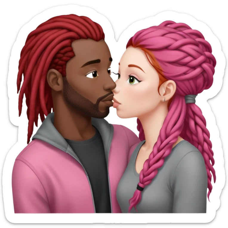 Mulher ruiva, pele branca, roupinha rosa, beijando um homem negro, com dreads nos cabelos e roupa cinza sticker