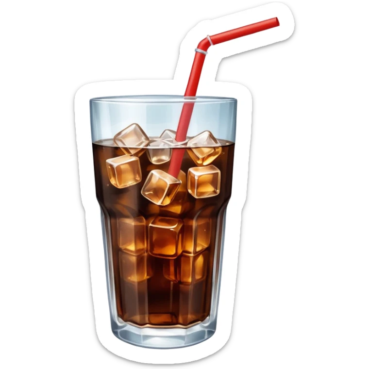 a glass filled with coke and ice cubes with a straw in the glass sticker