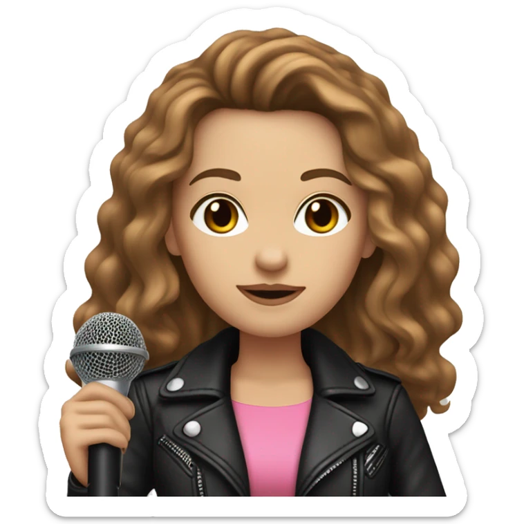 White Woman, Long Brown Wavy Hair, Brown Eyes, Wearing A Pink Dress and a Black Leather Jacket, holding a microphone  sticker