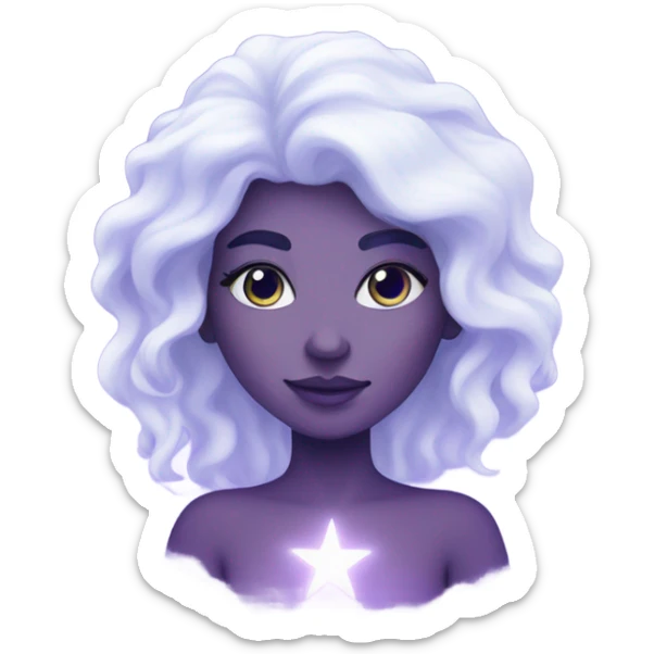 white mystical woman with sparkling galaxy hair with moon and stars in purple and blue shades sticker