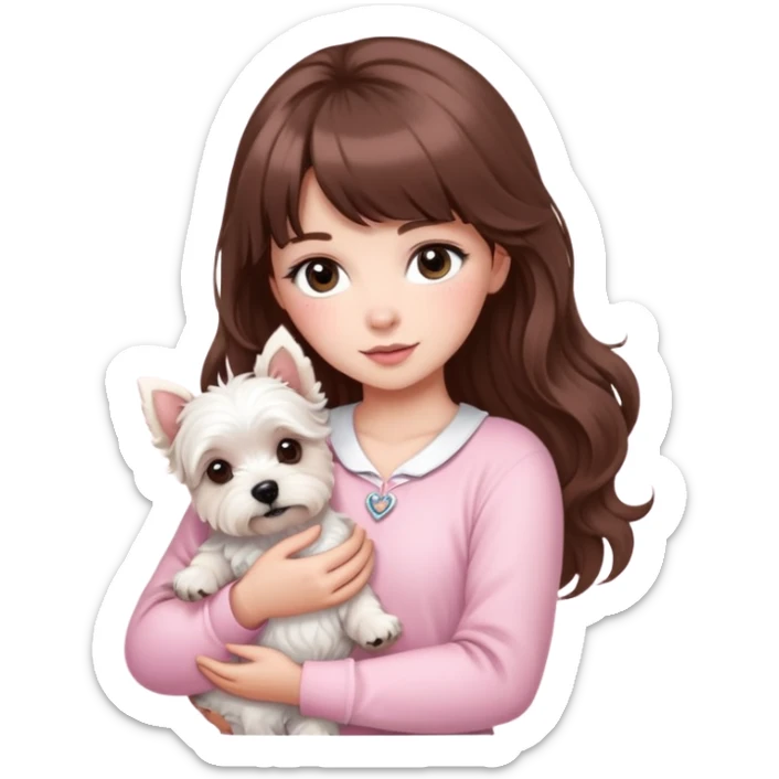 “A woman with fair skin, long brown hair with bangs, large brown eyes, and long, beautifully curled eyelashes. She is wearing a baby pink outfit and holding a West Highland White Terrier in her arms.” sticker