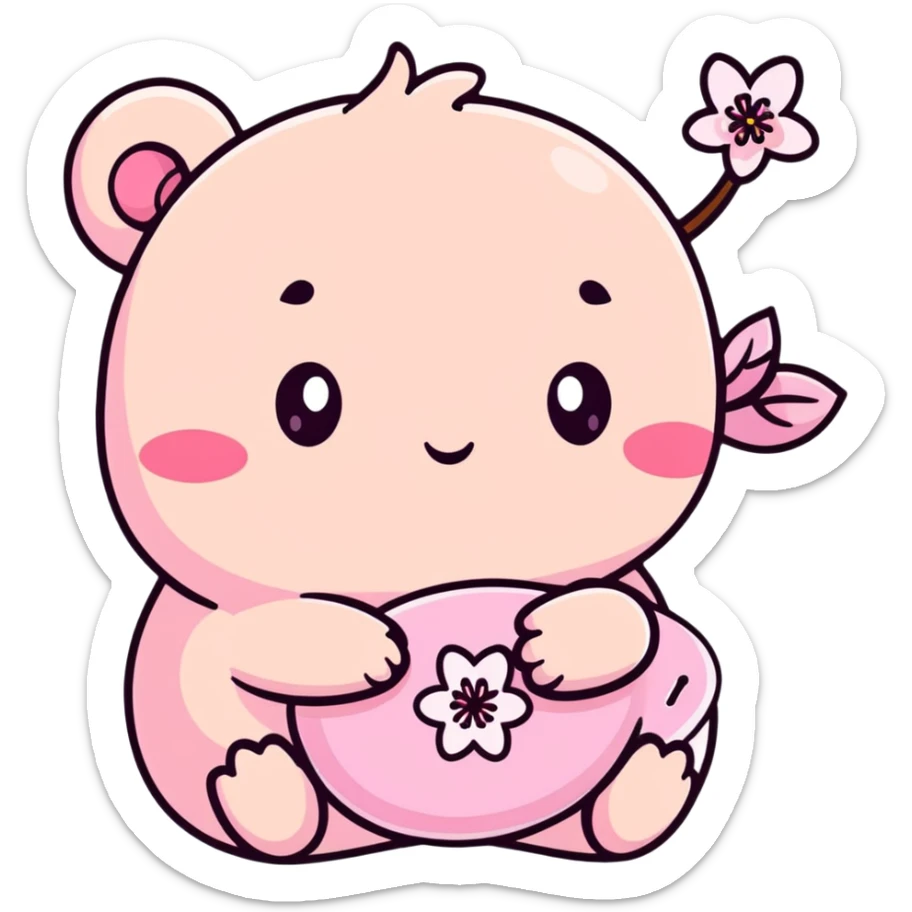 baby pink cherry blossom flower with teary eyes and a mischievous smile, hiding snacks behind its back, soft chubby body, kawaii face sticker