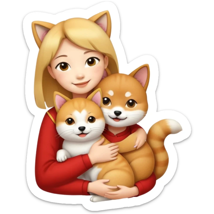 chinese fashion girl hugging  A Shiba Inu and a cat sticker