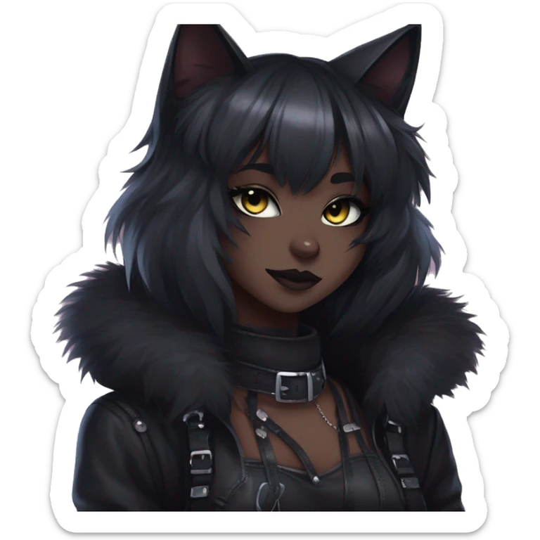 Gorgeous furry gothic dark techwear anime style anthro black cat furry sona with blushing face aesthetic and pretty edgy black with collar and harness trending style sticker