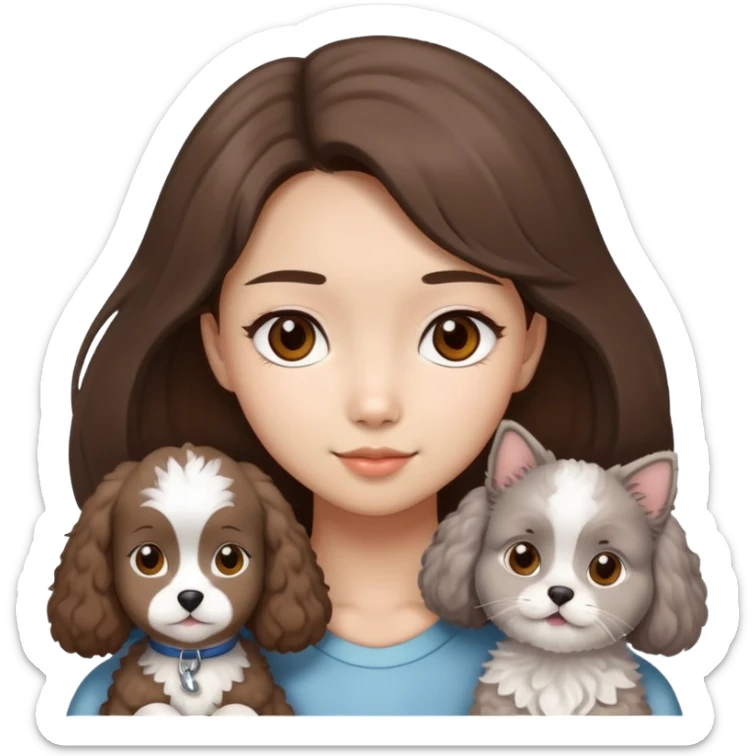 Asian girl brown hair girl with brown eyes with a grey and white ragdoll cat and a brown poodle dog  sticker