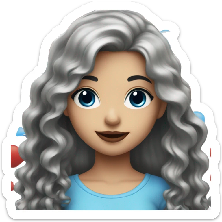 Smiling girl with long black wavy hair and blue eyes with red lips sticker