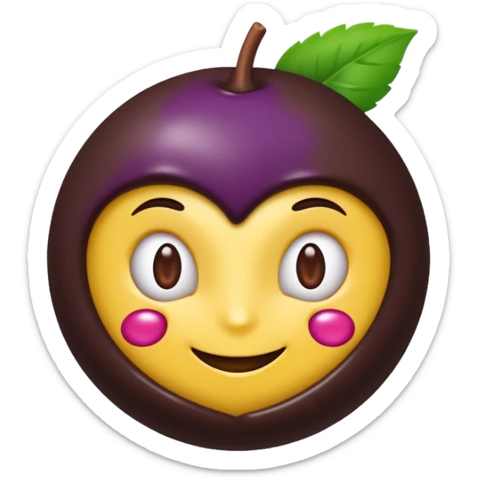 cute emoji-style açaí berry partially dipped in chocolate like a bonbon, deep purple glossy berry, smooth dark chocolate covering bottom half, small green leaf on top, clean glossy playful modern emoji icon style sticker