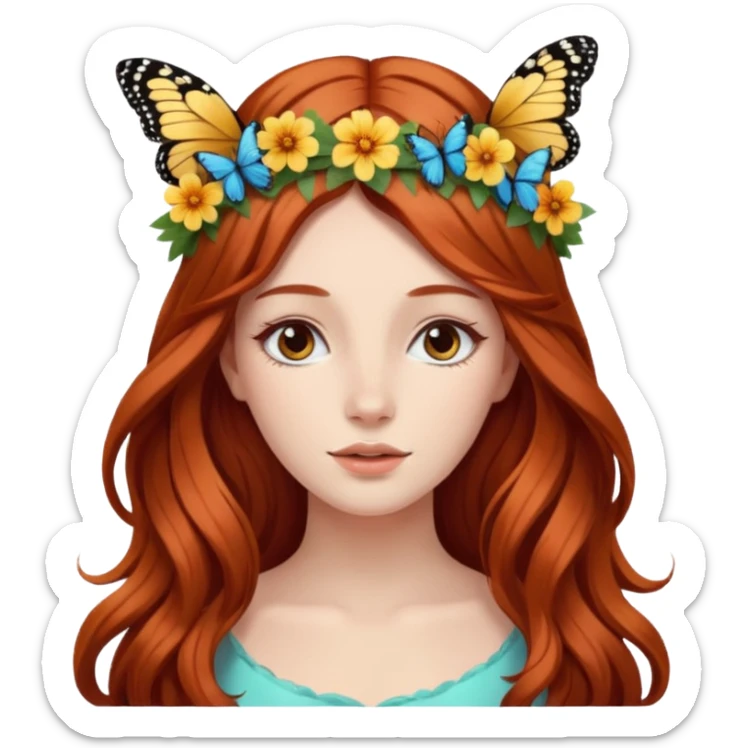 Woman with long flowing auburn hair wearing a flower crown with butterflies in it sticker