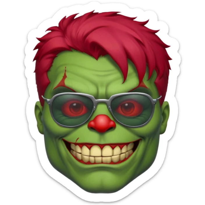 Zombie hulk with sun glasses and red hair and joker nose sticker